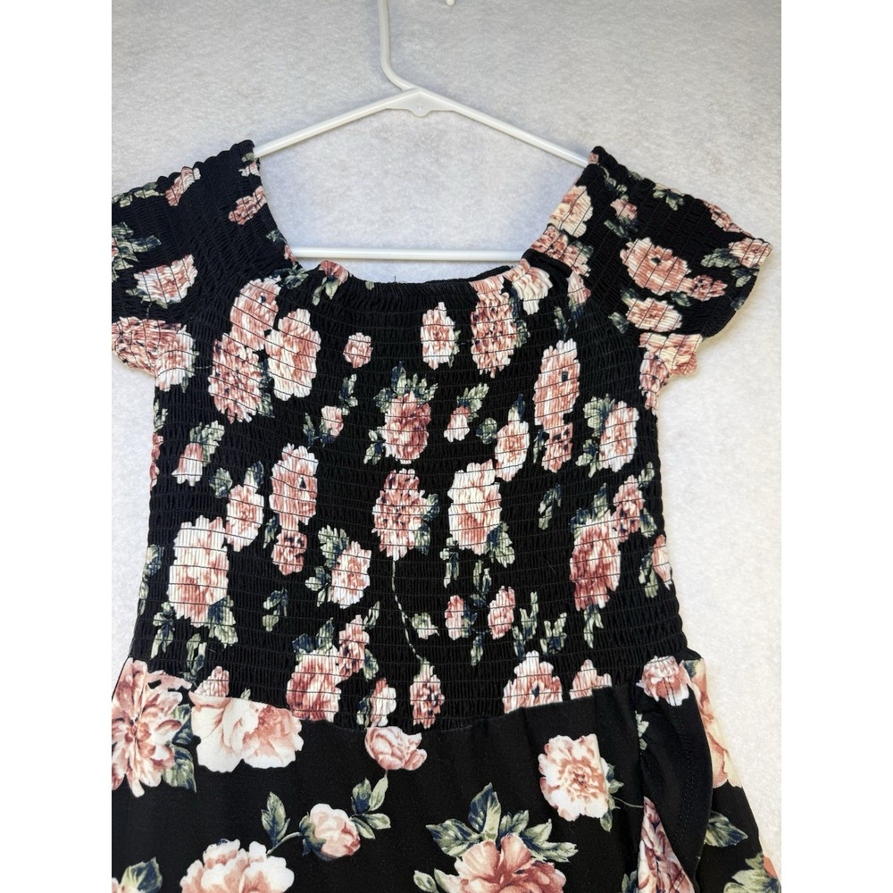 J for Justify Floral Off Shoulder Dress Women's Large Black Pink Smocked Ruffle